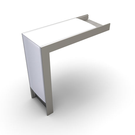 The Connector for SLW10 Profile is shown against a plain white background, featuring a modern, minimalist design with a white surface, gray frame, one vertical panel, a raised back edge, and subtle integrated LED channels.