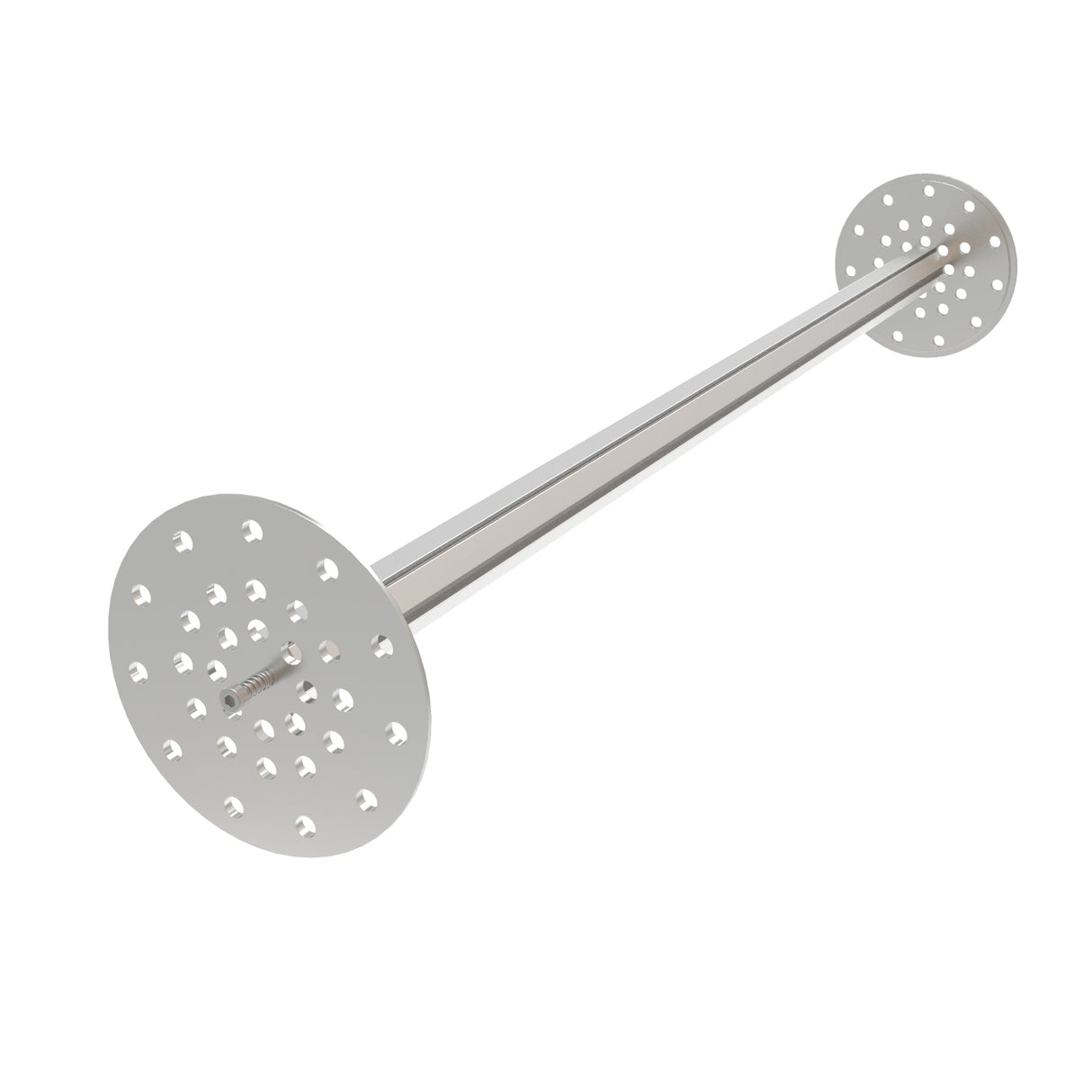 A shiny silver metal rod with circular, perforated plates on both ends, resembling the LED Mounting Kit for Smokies100 Profile with Hexagon Heatsink. Each plate has evenly spaced holes designed for optimal heat dissipation.