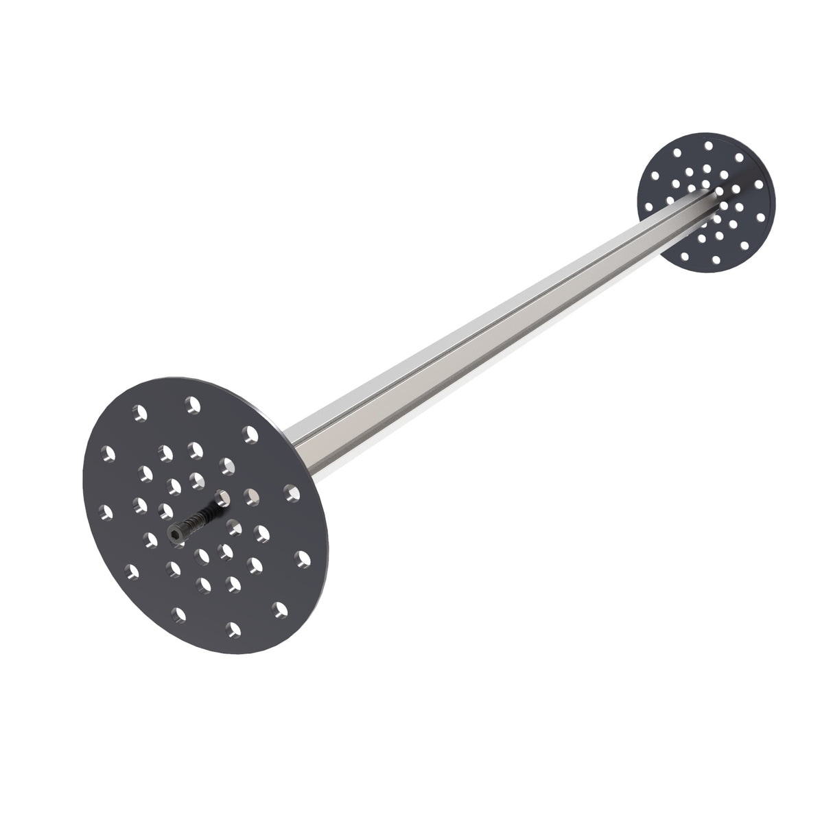 The LED Mounting Kit for Smokies100 Profile with Hexagon Heatsink features a metal rod and large circular plates, each with multiple patterned holes, displayed at an angle on a plain white background.