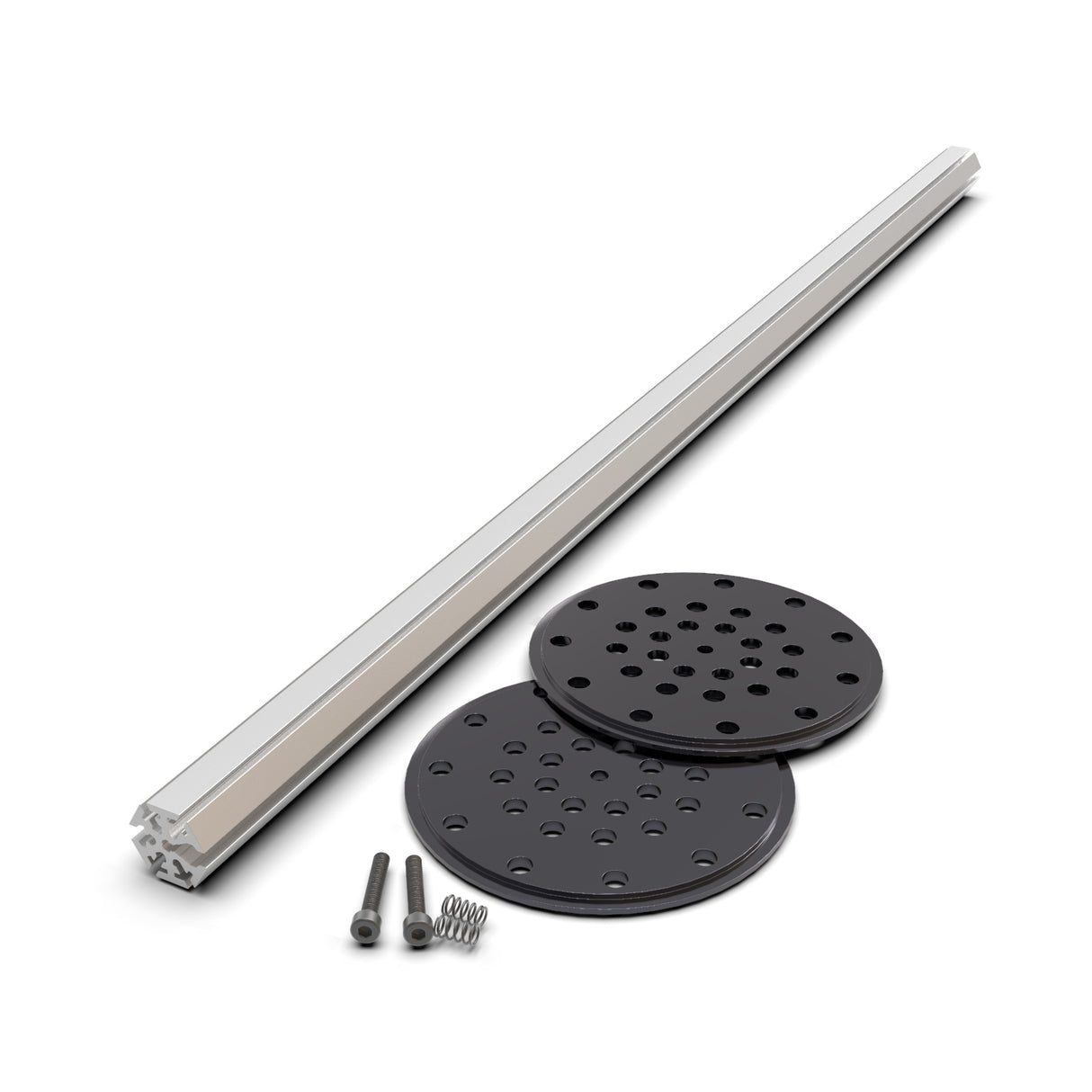 The LED Mounting Kit for Smokies100 Profile with Hexagon Heatsink includes a metal rail, two black hexagonal plates, two screws, and a spring—perfectly arranged on a white background.