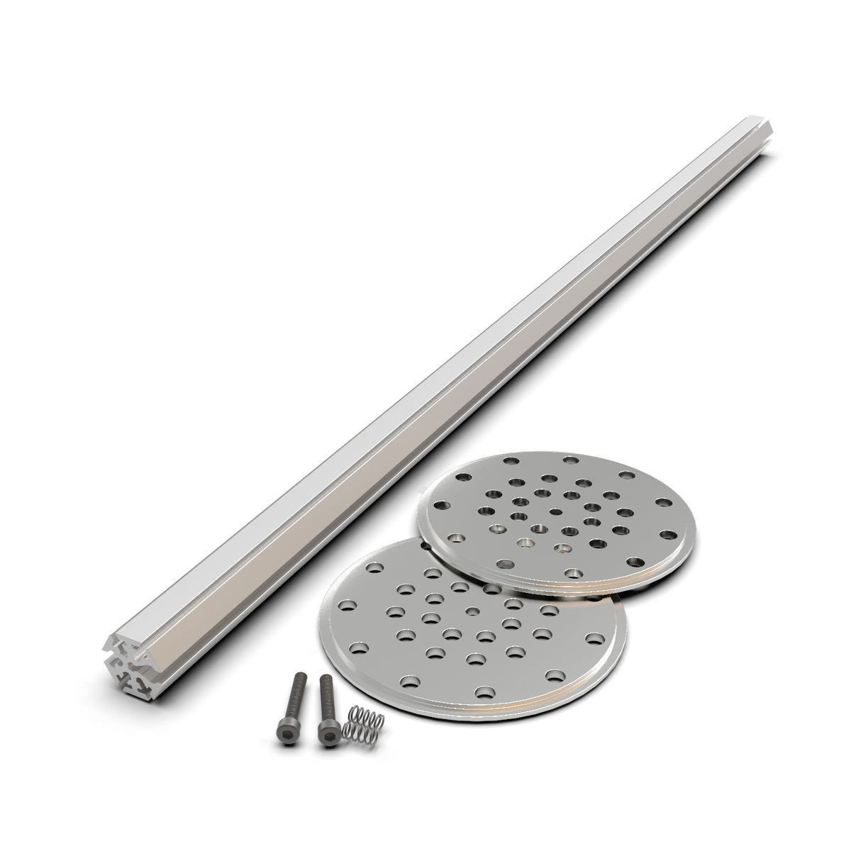 Components from the LED Mounting Kit for Smokies100 Profile with Hexagon Heatsink—a metal linear rail, two perforated round plates, two small screws, and a spring—are arranged on a white background.