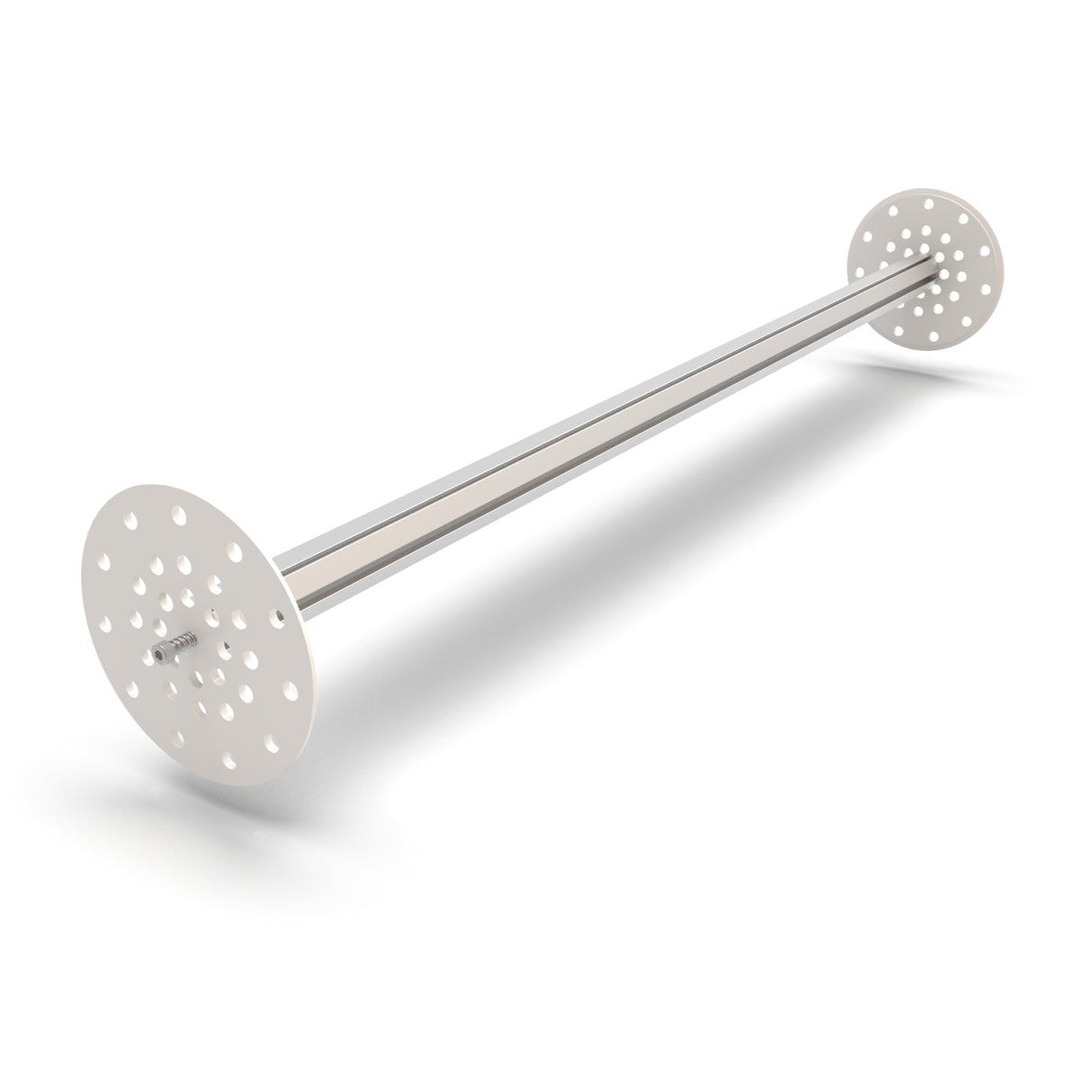 The LED Mounting Kit for Smokies100 Profile with Hexagon Heatsink includes a polished metal rod and two perforated circular plates, creating an attractive, shiny look that contrasts well with a white background.