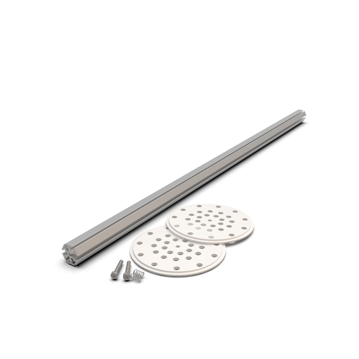 The LED Mounting Kit for Smokies100 Profile with Hexagon Heatsink features a metal rod, two white perforated plates, small screws, and springs—perfect for mounting or as part of an LED diffuser tube—shown on a white background.