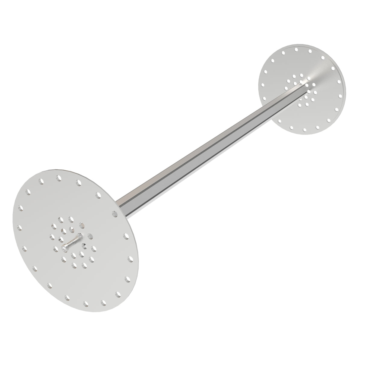 The LED Mounting Kit for Smokies150 Profile with Hexagon Heatsink features a metal rod and circular perforated discs at each end, each with rows of evenly spaced holes—ideal as a diffuser tube for symmetrical, industrial lighting setups.