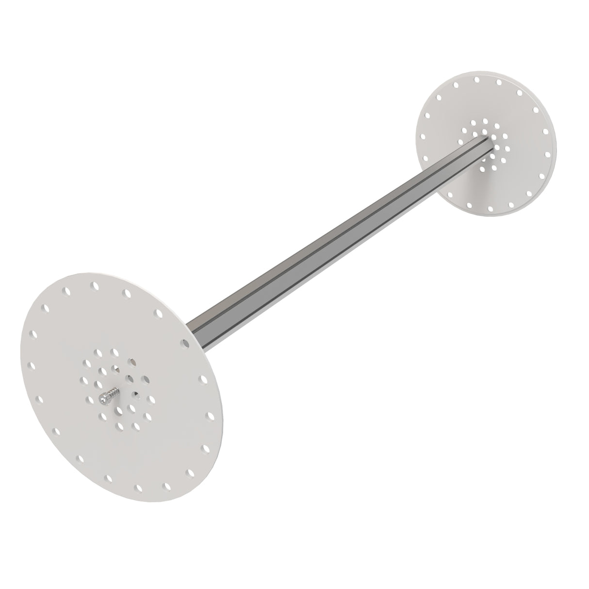 The LED Mounting Kit for Smokies150 Profile with Hexagon Heatsink features a central metal rod attached to large, round end discs—each resembling aluminum end caps with multiple small holes arranged in concentric circles.