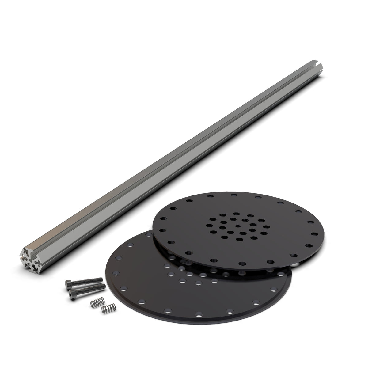 The LED Mounting Kit for Smokies150 Profile with Hexagon Heatsink includes a metal extrusion bar, two round black aluminum end caps with multiple holes, three screws, and two small springs, arranged on a white background.
