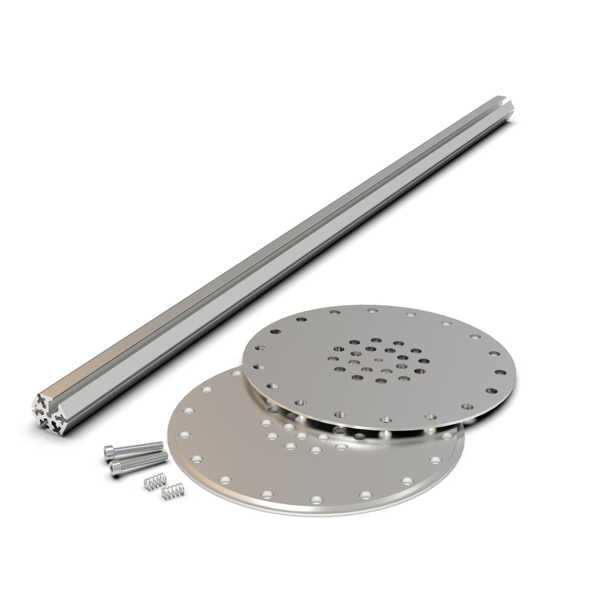 The LED Mounting Kit for Smokies150 Profile with Hexagon Heatsink includes a long silver T-slot aluminum extrusion with an end cap, two round perforated plates, and several small screws and springs arranged on a white background.
