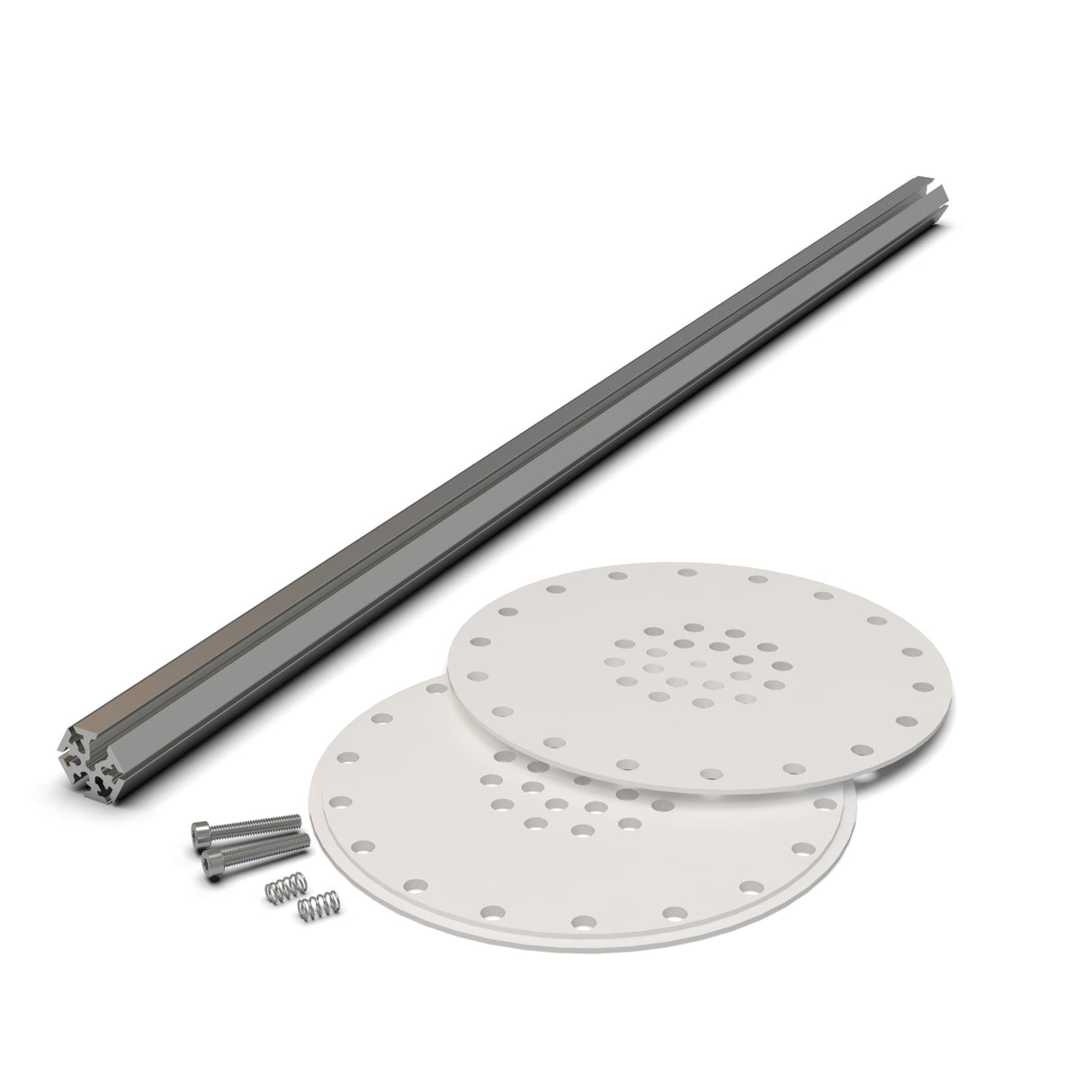 The LED Mounting Kit for Smokies150 Profile with Hexagon Heatsink includes a metal extrusion bar, aluminum end cap, two round perforated plastic plates, three screws, and two small springs arranged on a white surface.