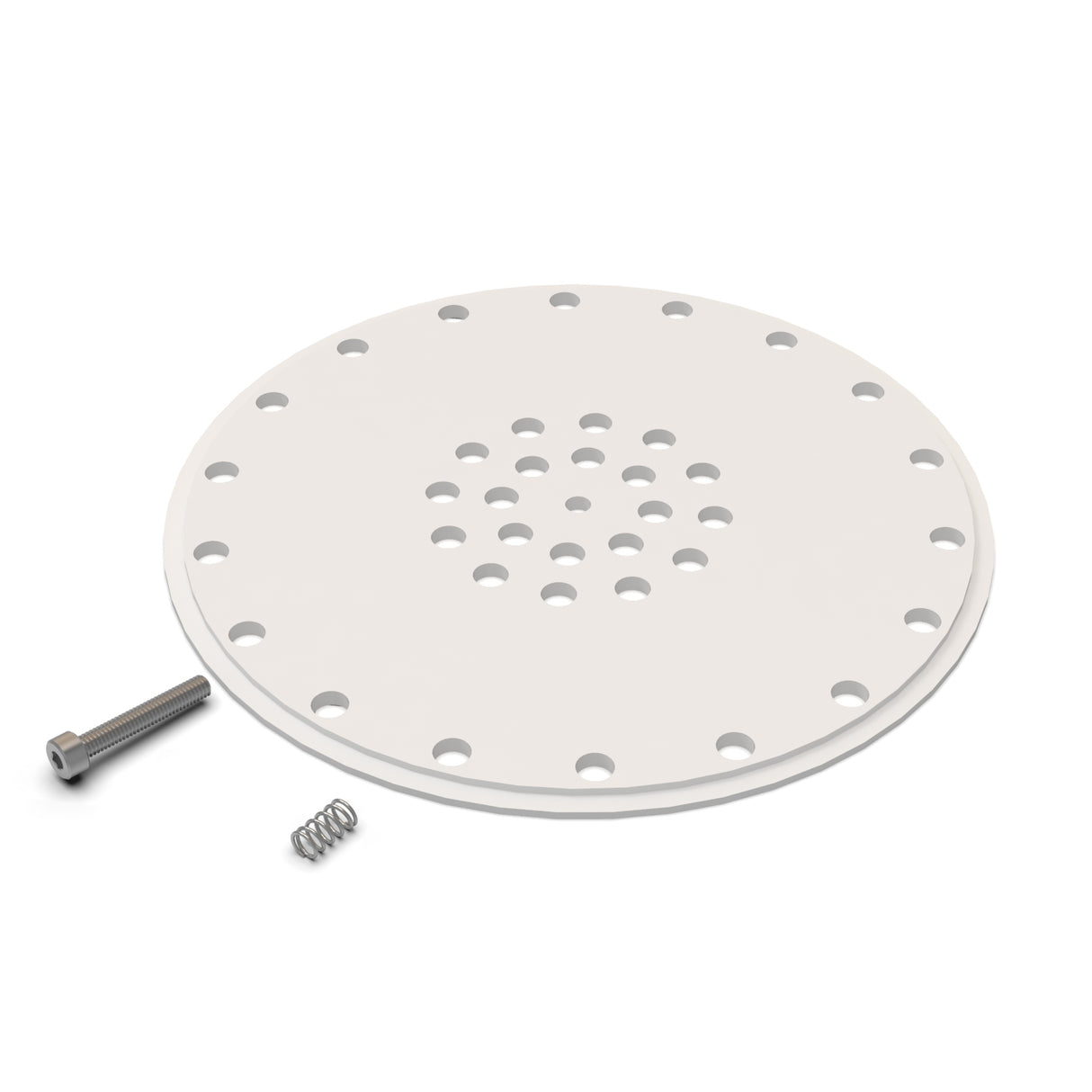 A round, flat, white end cap with circular holes, a small metal spring, and a hex bolt with washer from the End cap for Smokies150 Profile for Hexagon Heatsink are displayed together on a white background.