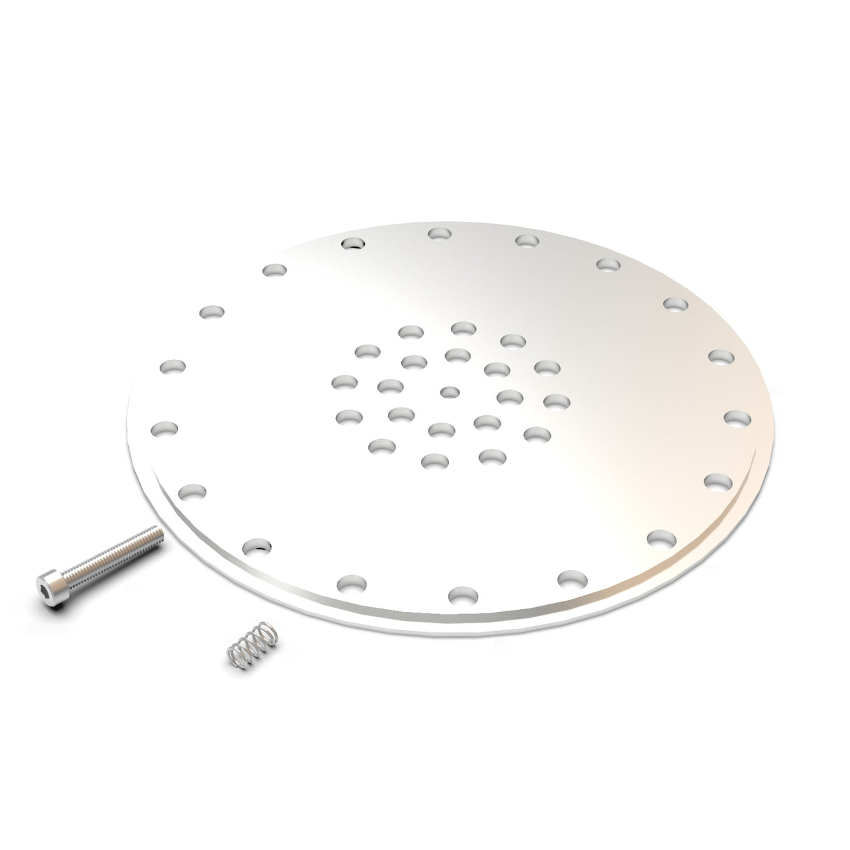 A round metal end cap for Smokies150 Profile for Hexagon Heatsink, featuring multiple concentric holes, includes a small screw and a coil spring, all shown on a white background.