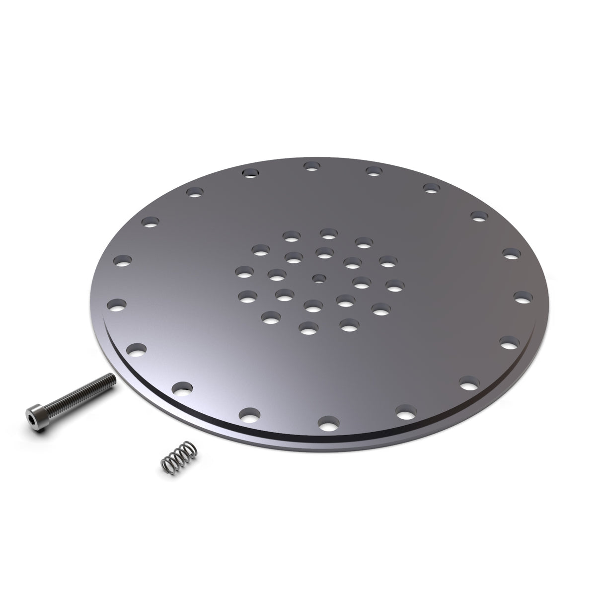 An end cap for Smokies150 Profile for Hexagon Heatsink—a round metal plate with concentric holes—rests on a white background, accompanied by a small screw and spring from the kit.