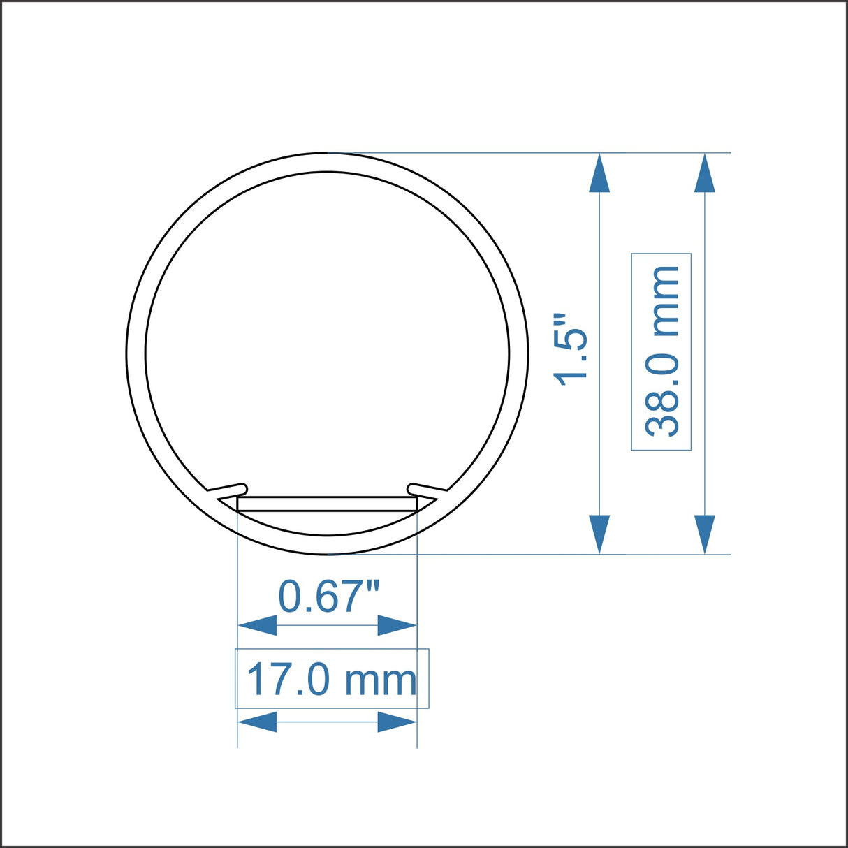 A technical drawing of the Cascade38 1.50 Round Acrylic Outdoor LED Lighting Tube shows its 1.5-inch (38.0 mm) shatter-resistant acrylic body, with a labeled lower width of 0.67 inches (17.0 mm) and blue arrows marking dimensions.