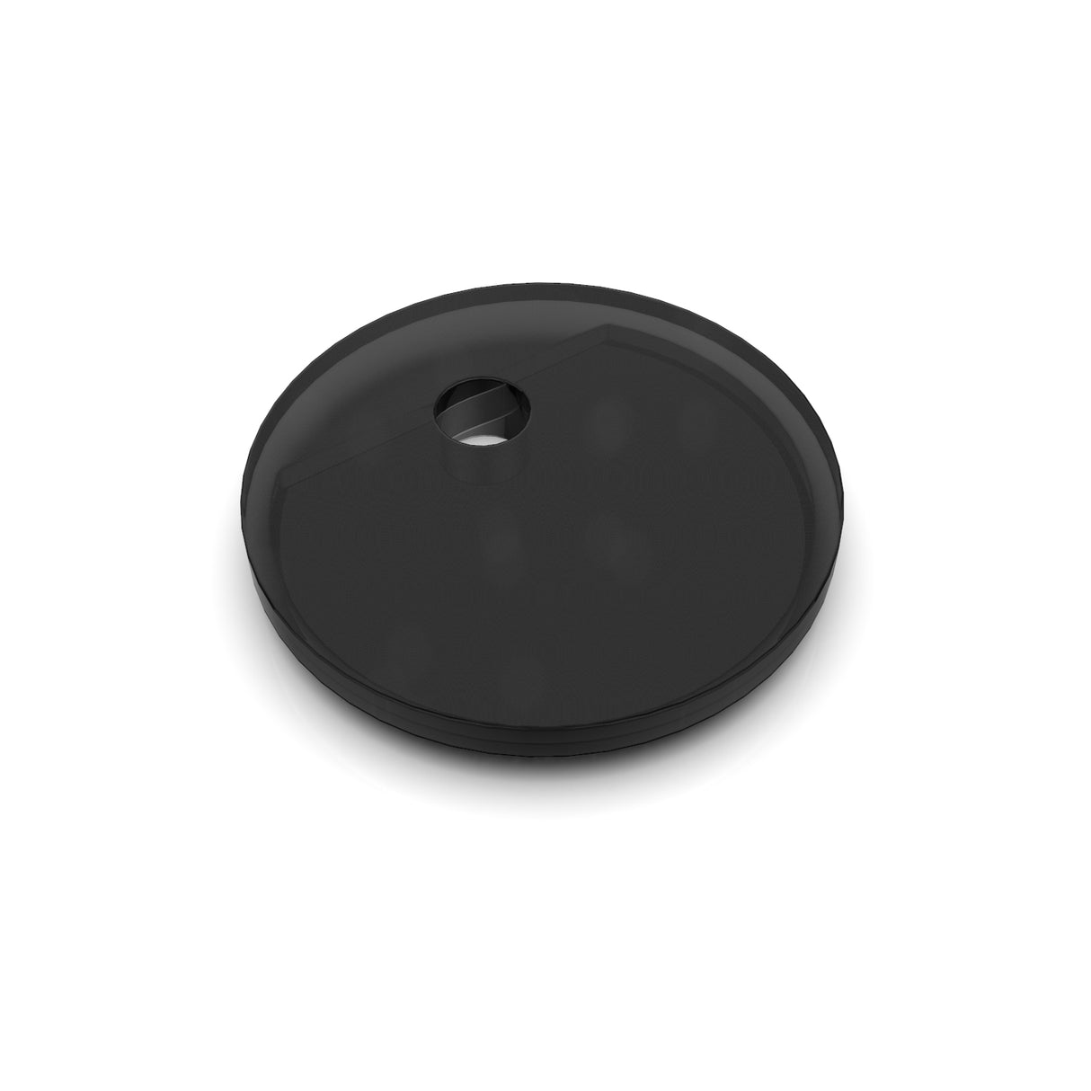 A black, round Plastic End Cap for Smokies38 Profile with an off-center hole near the edge, shown on a white background—ideal for LED strip installations.