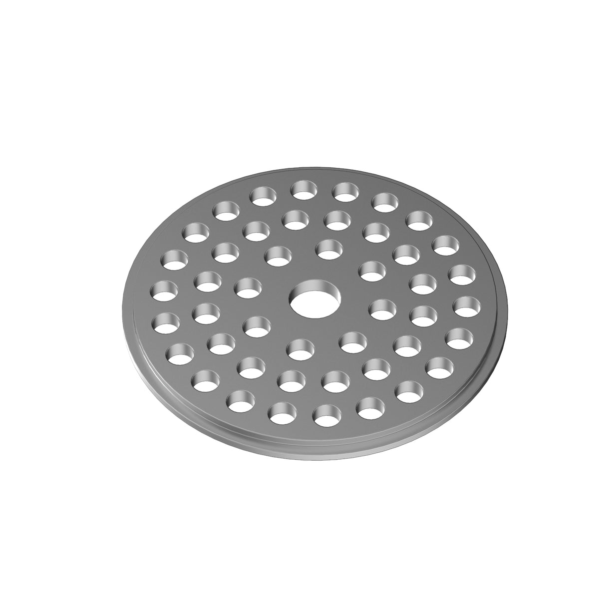 The image shows an Aluminum End Cap for Smokies70 Profile for Hexagon Heatsink, a round metal disc with multiple evenly spaced holes and a larger central hole, displayed on a white background.