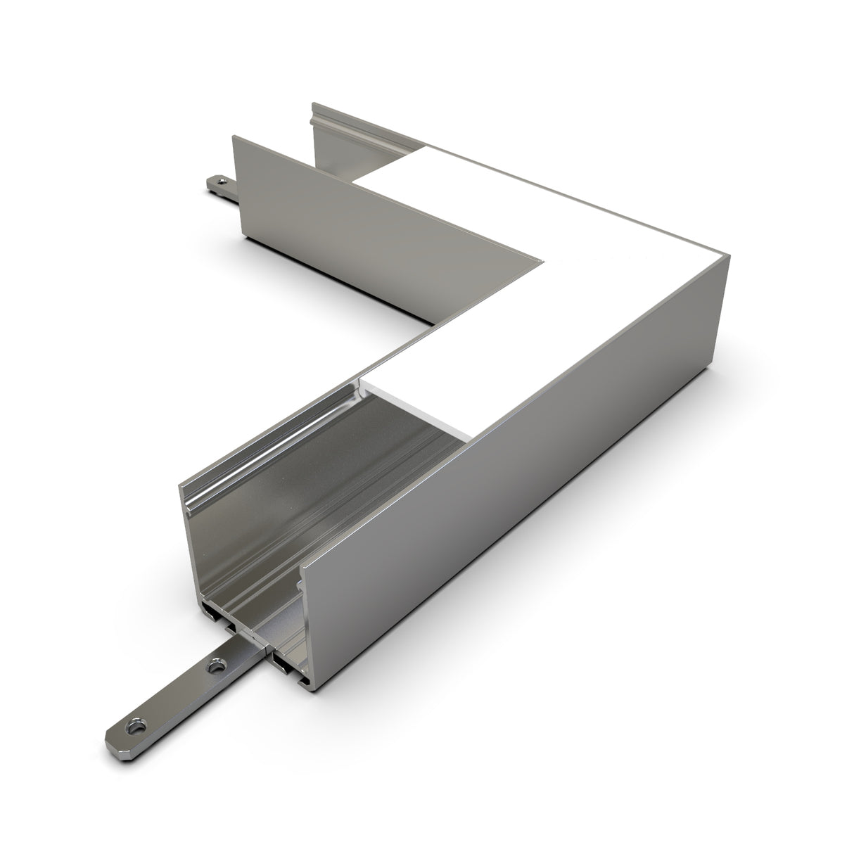 A 90 Degree Connector for SPL35-FL Profile is shown on a white background, open at one end to reveal its hollow interior and a mounting bracket extending from the base.