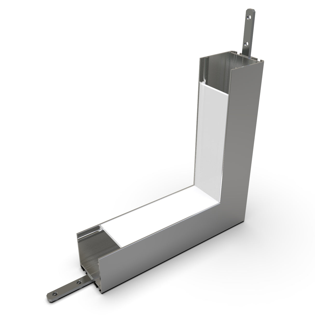 A 90 Degree Connector for SPL35-FL Profile, L-shaped with flat mounting tabs on each end, made of metal with a hollow rectangular cross-section for LED channels, shown against a white background.