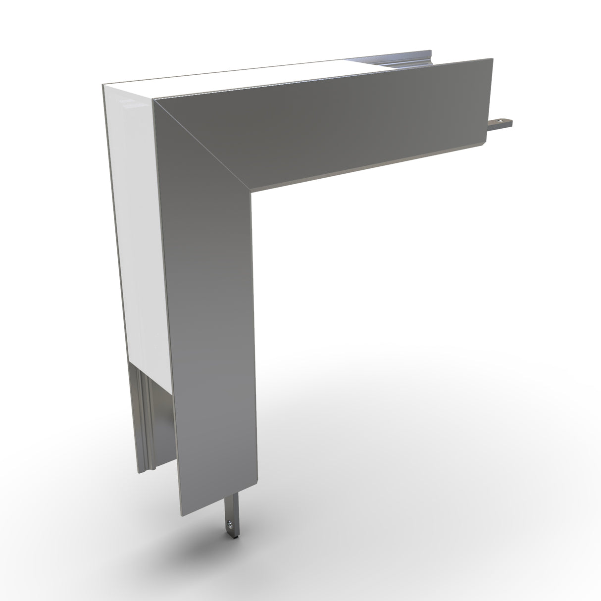 3D rendering of the 90 Degree Connector for SPL35-FL Profile, a metallic L-shaped corner bracket with two protruding tabs, designed to join or support LED Channels or SPL35-FL structures at a right angle.