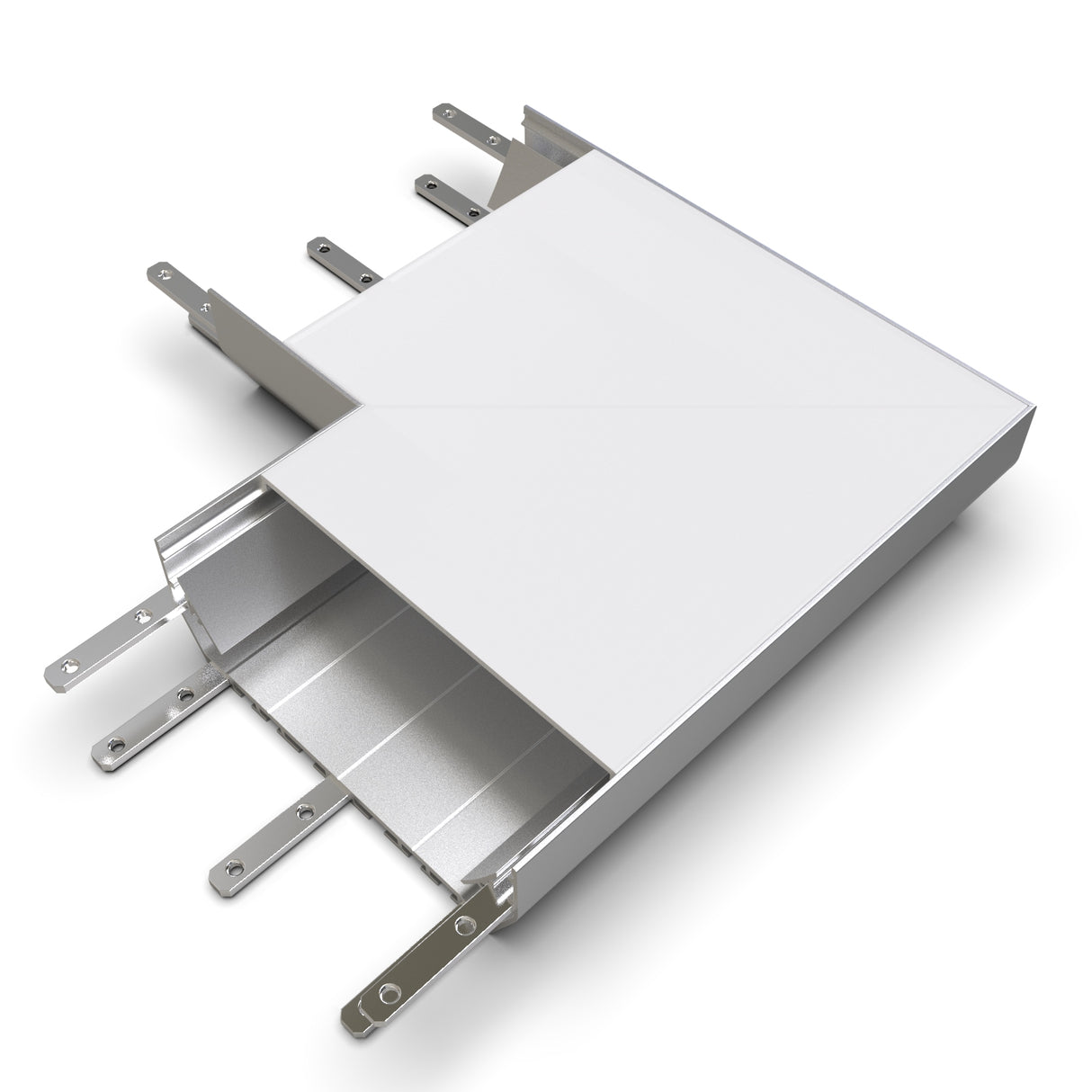 A 3D-rendered image of a metallic 90 Degree Connector for SPLW116 Profile with a white cover, featuring several flat metal connectors protruding from both ends.