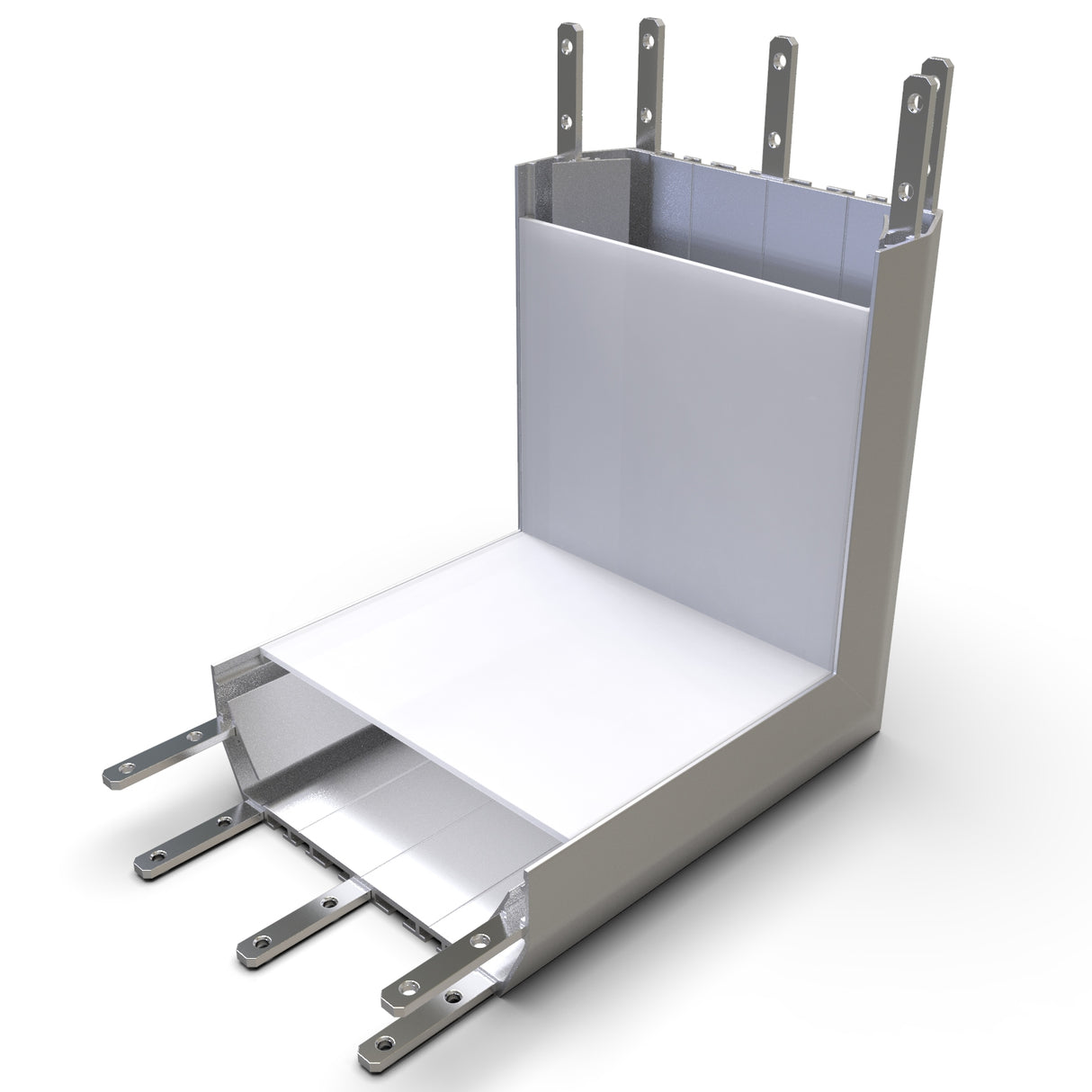 A 3D rendering of a rectangular metallic cable tray with a 90 Degree Connector for SPLW116 Profile, featuring mounting brackets and open sides for efficient cable management in electrical installations.