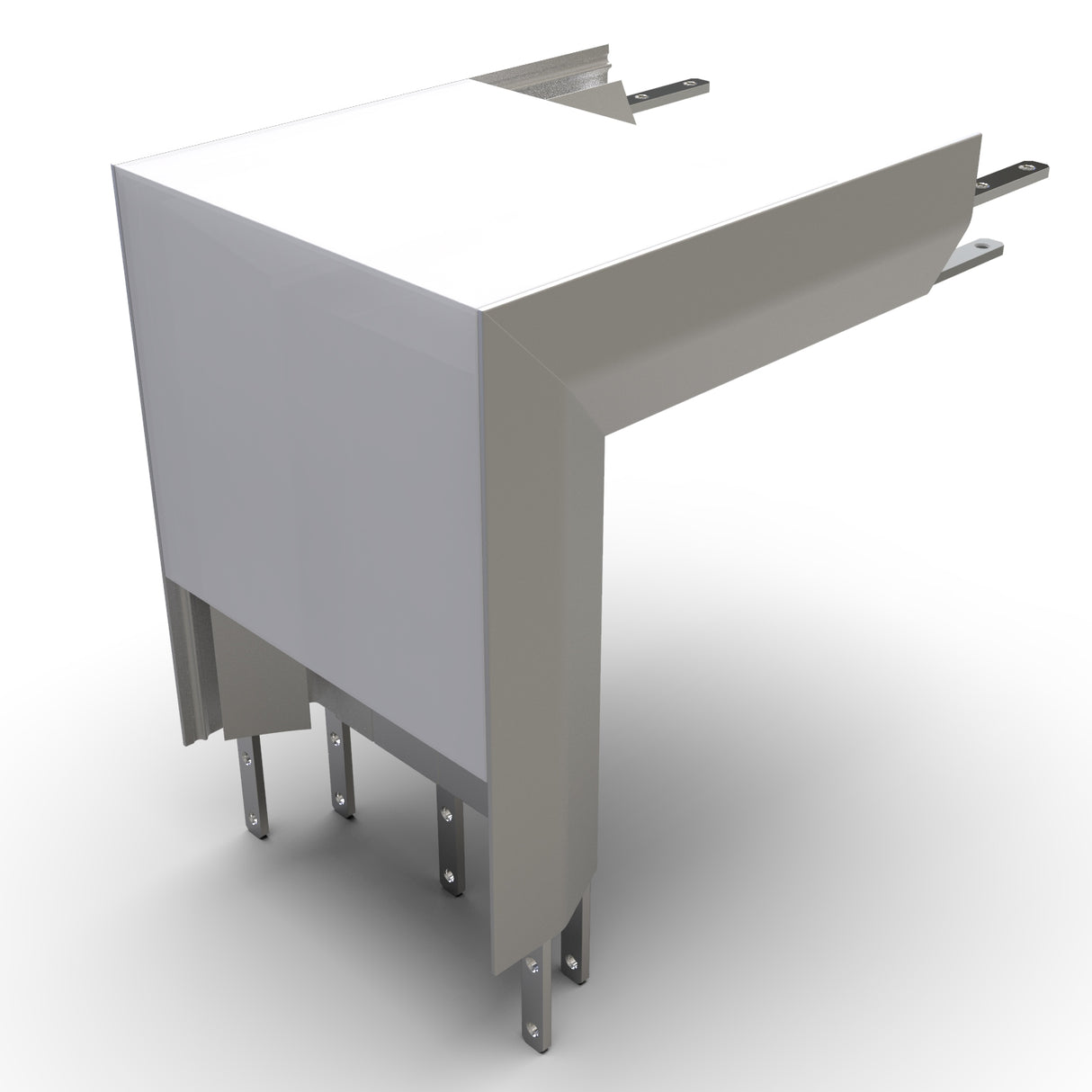 3D rendering of a metallic 90 Degree Connector for SPLW116 Profile, featuring a white face, gray trim, and multiple mounting tabs to weatherproof and protect roof or wall corner edges.