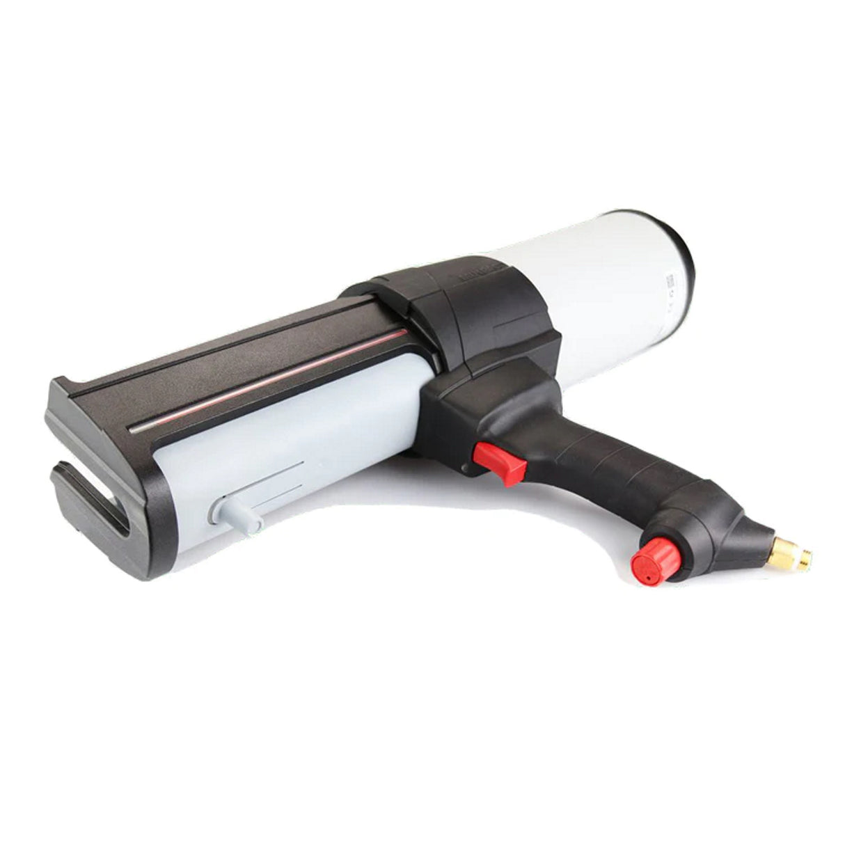 The Pneumatic Cartridge Gun for Methacrylate 400ml/490ml ~ DP2X features a black and gray body, red trigger, and white cartridge holder, designed for precise 10:1 mixing of two-part adhesives or sealants.