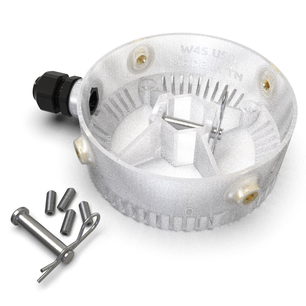 The Plastic Base for Smokies100 Profile is a round component with an open top, internal ridges, a connector, and three brass inserts—ideal for surface mount use. Four screws, a pin, and a clip are included alongside the base.
