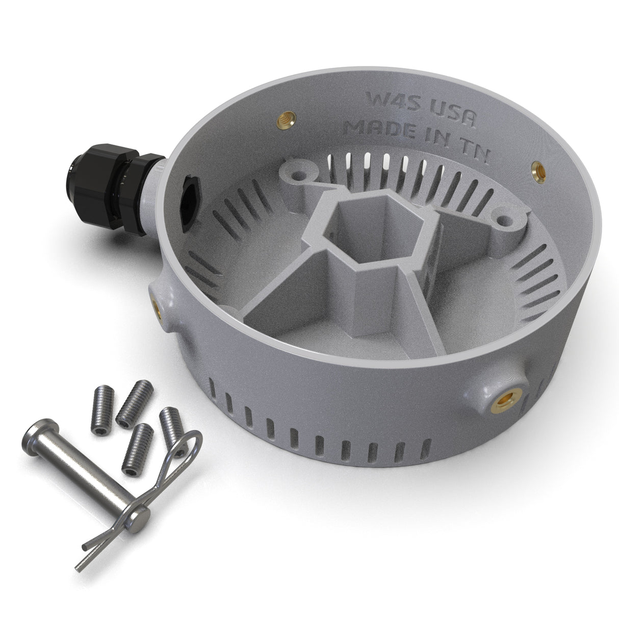 Round gray plastic base for Smokies100 profile with black cable gland, three screws, metal pin, and attached cotter pin; marked W4S USA MADE IN TX inside—ideal for diffusers or LED lights.