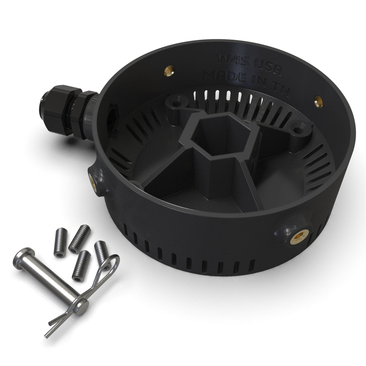 A Plastic Base for Smokies100 Profile: black, circular, vented sides, hexagonal center, cable connector, brass inserts, engraved text. Fits surface mount setups. Includes four screws and a metal pin with clip placed beside the base.