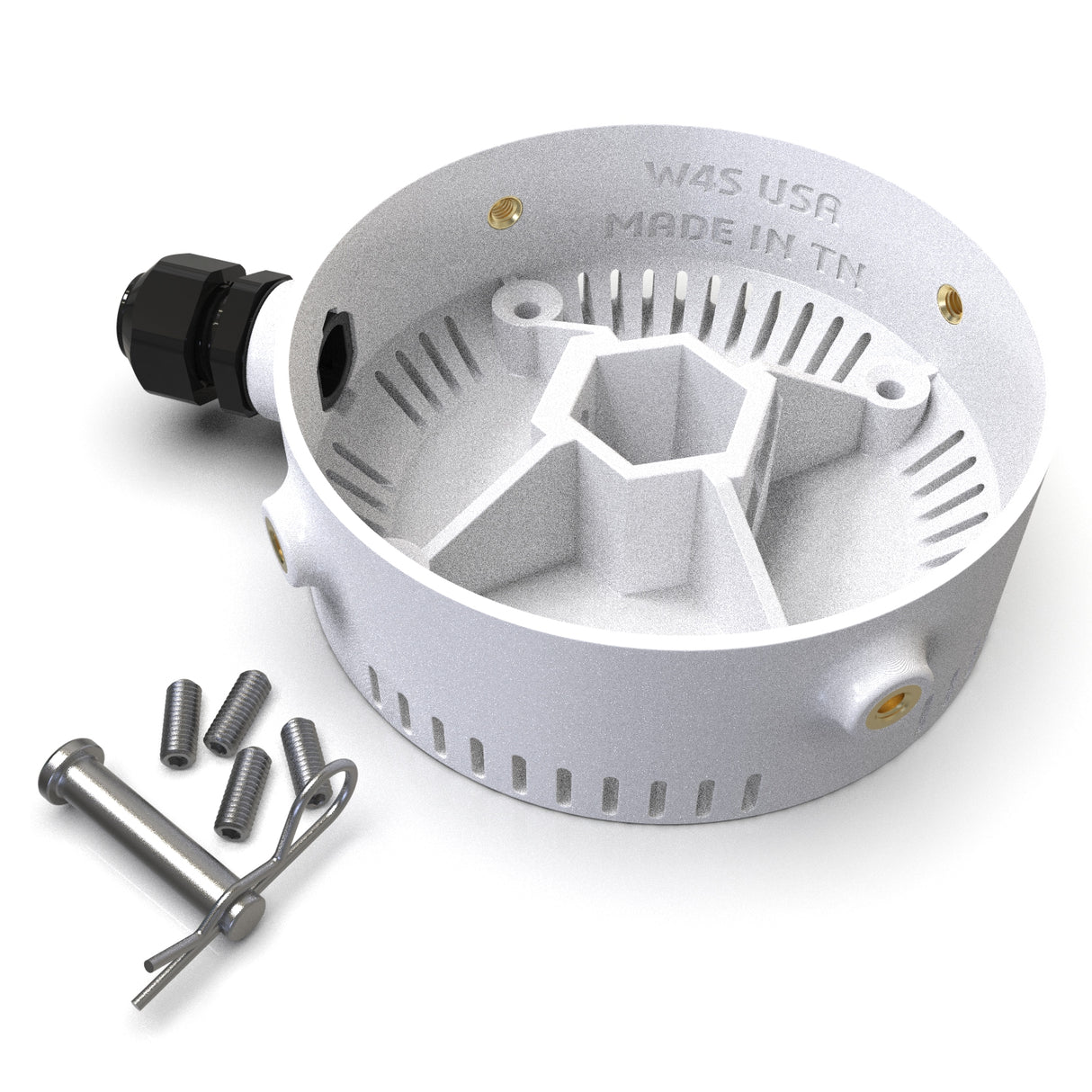 A round white Plastic Base for Smokies100 Profile with embossed W4S USA MADE IN TN, black cable gland, four screws, and a metal pin and clip beside it. Ideal for LED lights or Smokies100 diffuser installations.