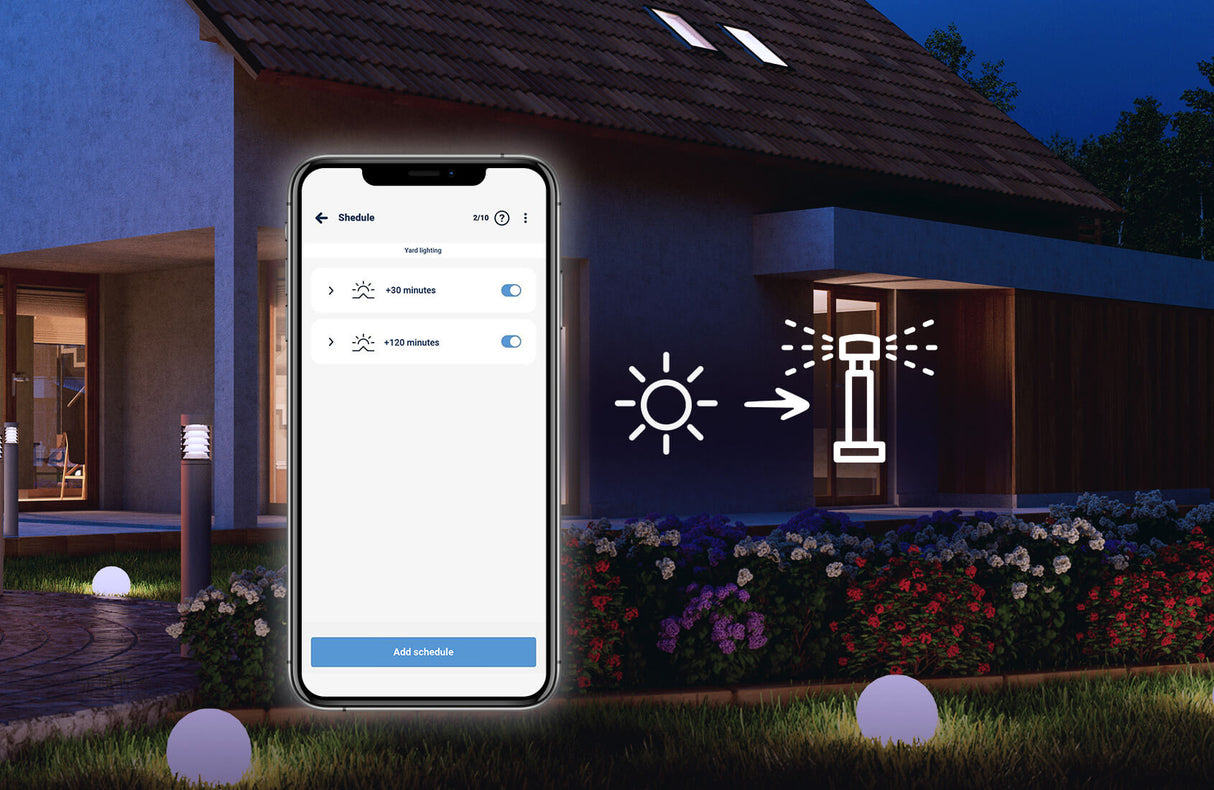 A smartphone displays a lighting schedule app over a modern house at night with outdoor lights on and a flashlight icon, showcasing automated outdoor lighting control and energy monitoring with the Blebox switchBoxD DC DIN 2-Channel WiFi Relay.