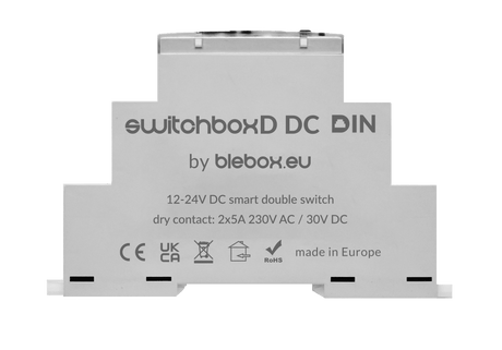 A white DIN-rail 2-Channel WiFi Relay labeled "switchBoxD DC DIN by Blebox," featuring technical specs, certification logos, and "made in Europe" text on its front, designed for DIN rail controller systems.