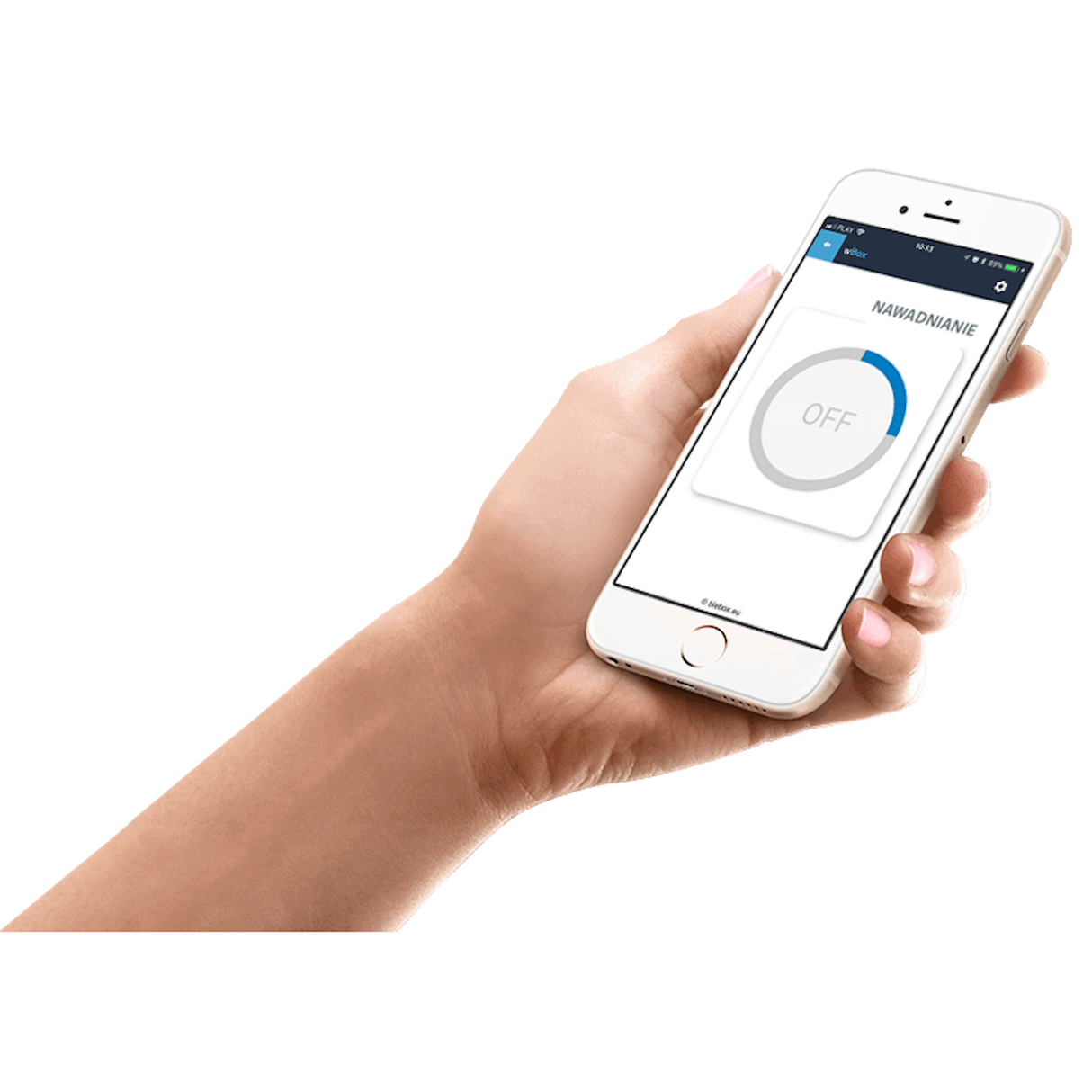 A hand holds a smartphone showing the switchBoxDC by Blebox remote app with a large circular ON/OFF toggle; the word switchBoxDC appears at the top. The background is white.