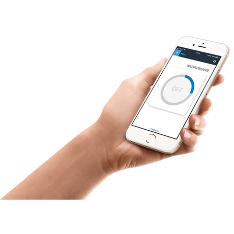 A hand holds a smartphone showing the switchBoxDC by Blebox remote app with a large circular ON/OFF toggle; the word switchBoxDC appears at the top. The background is white.