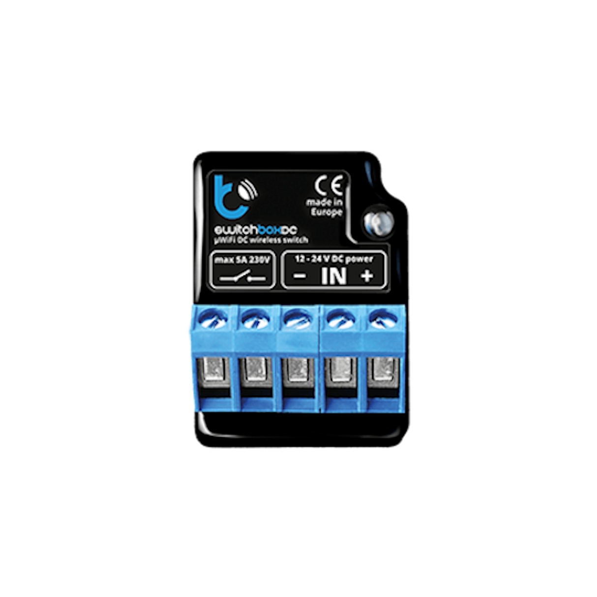 The switchBoxDC by Blebox is a compact black and blue wireless on/off power switch controller with four blue terminal blocks, input/output markings, CE certification, and is labeled “made in Europe.”.