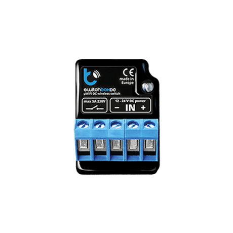 The switchBoxDC by Blebox is a compact black and blue wireless on/off power switch controller with four blue terminal blocks, input/output markings, CE certification, and is labeled “made in Europe.”.