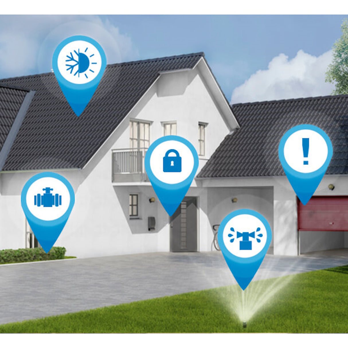 A white modern house features blue map pins highlighting smart home automation with the switchBoxDC wireless power switch controller by Blebox. A sprinkler in the foreground illustrates seamless connected living via remote control.