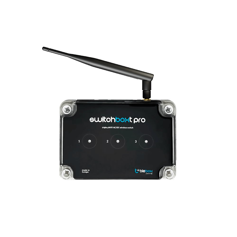 The switchBoxT Pro by Blebox is a black Wireless Triple WiFi Relay Switch Controller with one antenna on top, three touch-sensitive front buttons, and a transparent case—ideal as a smart switch controller.