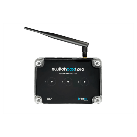 The switchBoxT Pro by Blebox is a black Wireless Triple WiFi Relay Switch Controller with one antenna on top, three touch-sensitive front buttons, and a transparent case—ideal as a smart switch controller.