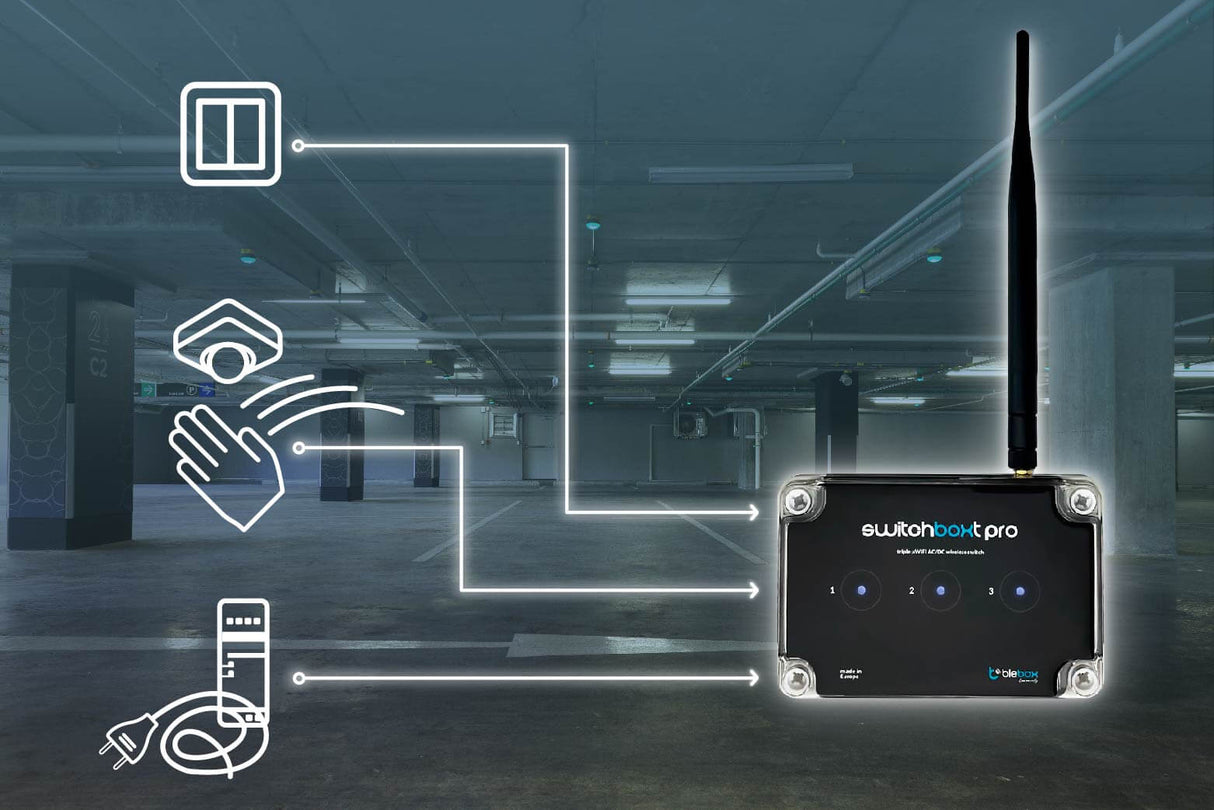 A Wireless Triple WiFi Relay Switch Controller—switchBoxT Pro by Blebox—in the foreground connects via illustrated lines to icons of a relay switch, motion sensor, smartphone, and charging cable against a parking garage backdrop.