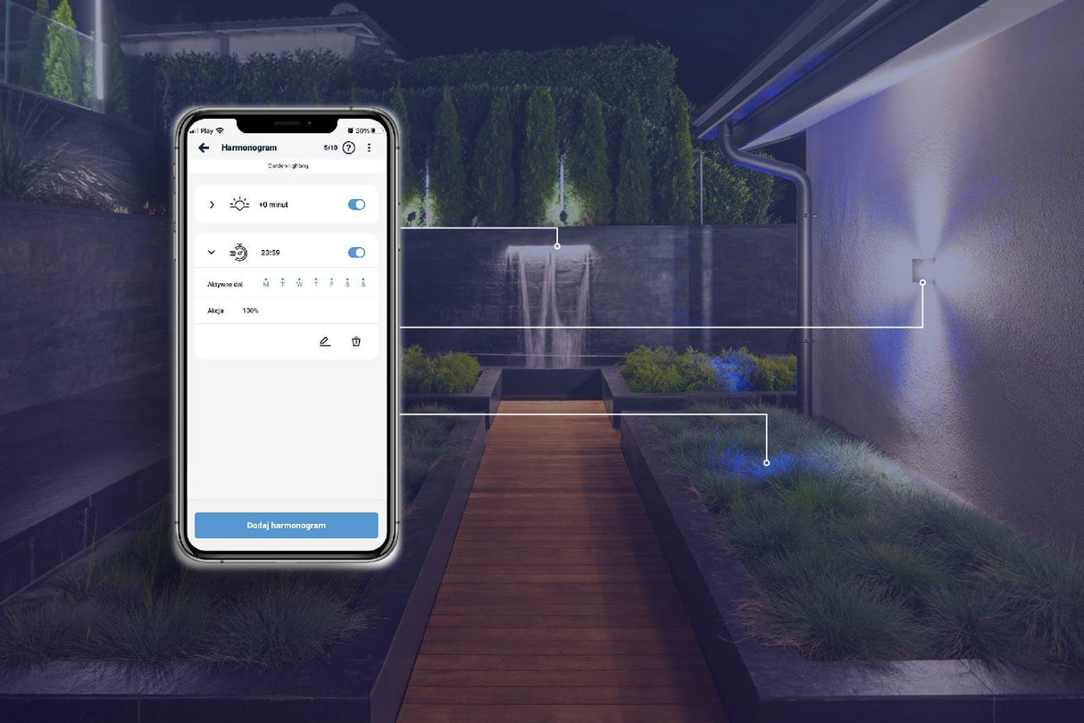A smartphone displays the switchBoxT Pro by Blebox home automation app, controlling customizable garden lights, a wooden pathway, and a small waterfall in a modern backyard at night, with lines connecting the app to each outdoor light.