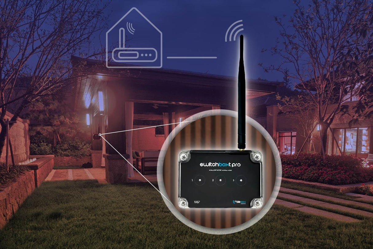 The switchBoxT Pro by Blebox, a Wireless Triple WiFi Relay Switch Controller with an antenna, is installed outdoors in a garden. A zoomed-in view and overlay show it connected via Wi-Fi to a nearby house at dusk.