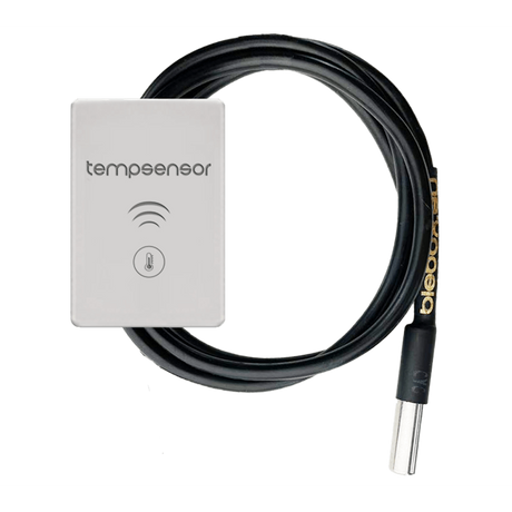 The Smart Wireless Temperature Sensor ~ tempSensor by Blebox is a rectangular white unit with a black cable and metallic probe, ideal for monitoring temperature via the wBox app.