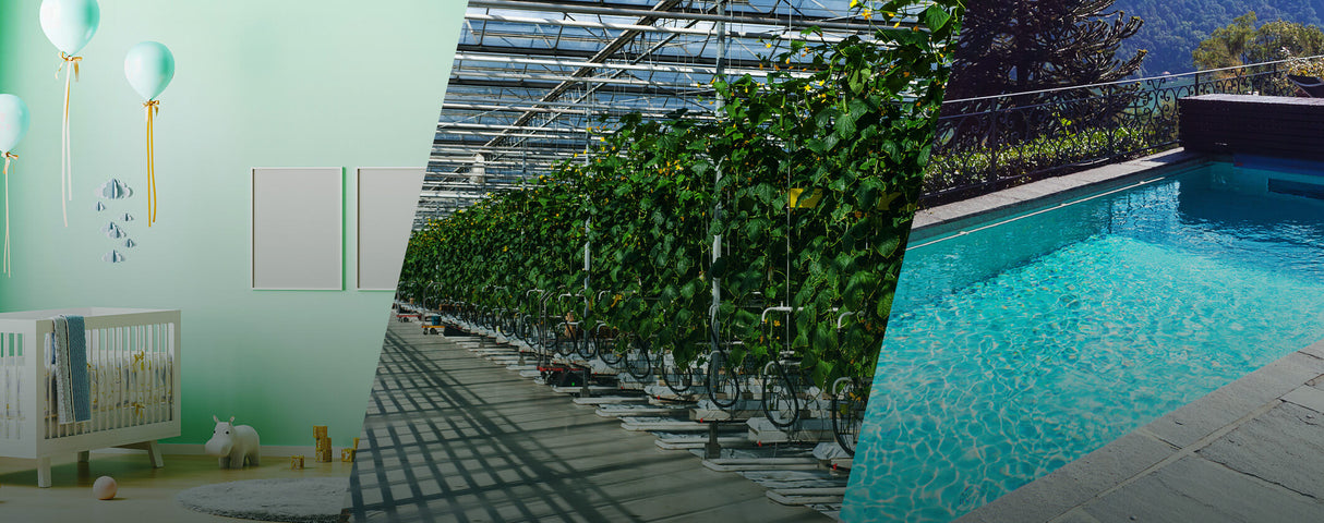 A diagonal split image shows a baby nursery with green walls, a greenhouse with rows of plants monitored by the tempSensor DIN (DIN-rail Smart Wireless Temperature Sensor by Blebox), and an outdoor pool surrounded by trees.