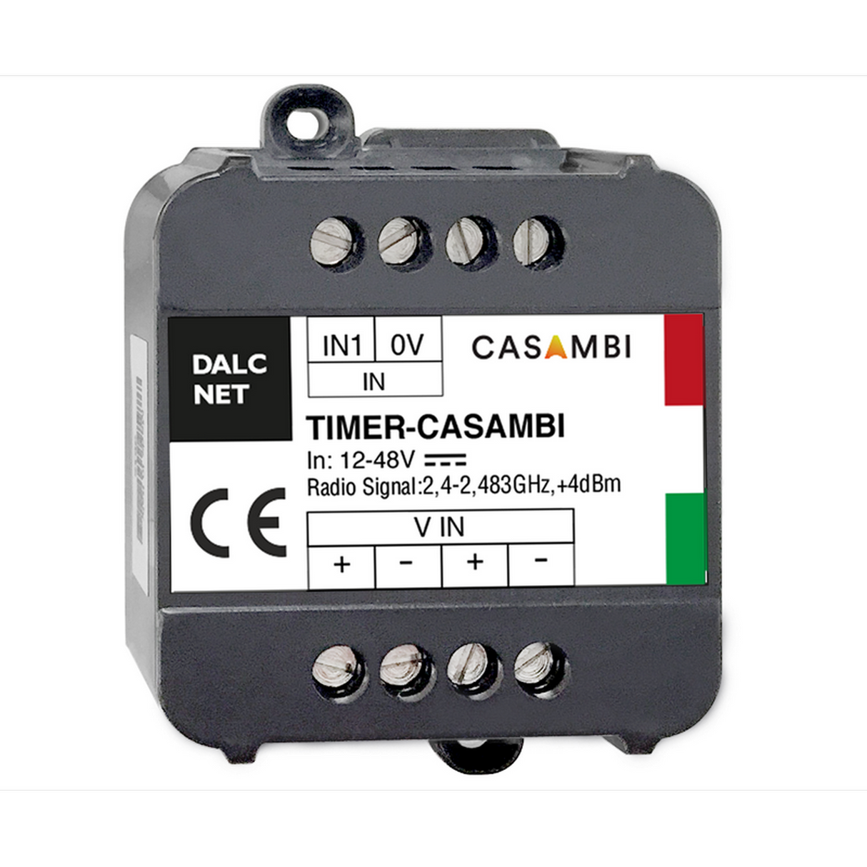 The Smart Real-Time Clock Module for Casambi (Model TIMER-CASAMBI) is a black electronic device with DALCNET and CASAMBI logos, CE marking, 12-48V input, radio info, and supports circadian rhythm lighting control via Casambi.