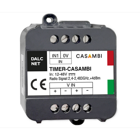 The Smart Real-Time Clock Module for Casambi (Model TIMER-CASAMBI) is a black electronic device with DALCNET and CASAMBI logos, CE marking, 12-48V input, radio info, and supports circadian rhythm lighting control via Casambi.