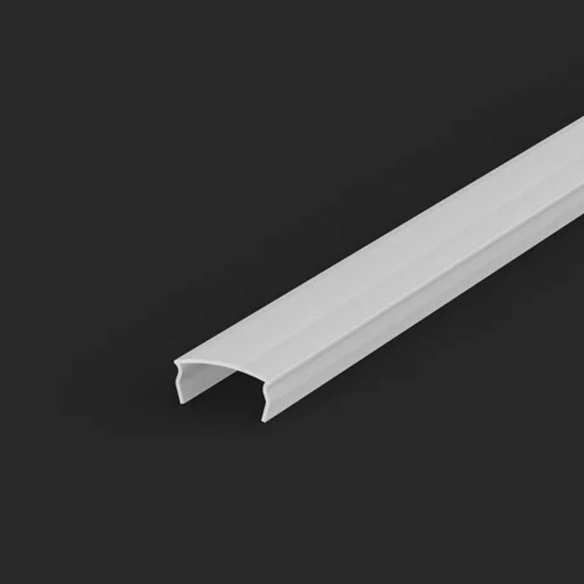 The LED Channel Cover ~ TL-C1, a white, U-shaped plastic cover, is shown against a dark background at an angle that highlights its hollow interior and sleek, straight lines.