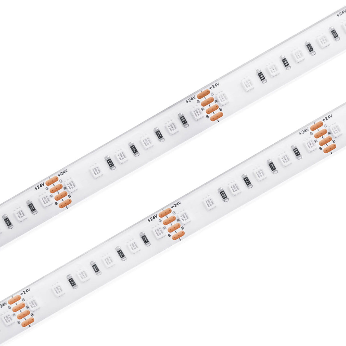 Two parallel RGB IP68 Waterproof LED Strips (24V) from the Sauna Pro RGB Series, featuring white tape with evenly spaced small rectangular LEDs and copper connector pads labeled 24V+.