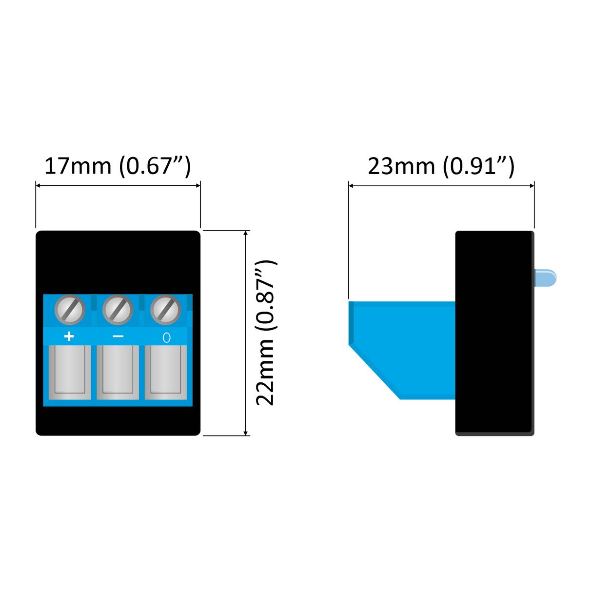 Diagram of the Ultra-Compact Daylight Sensor for LED Lights - twilightCompact by BleBox. Shows front/side views with dimensions: 17mm (W) x 22mm (H) x 23mm (D). Front view has three screw terminals labeled +, –, and 0.