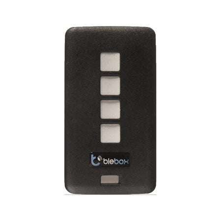 The uRemote by Blebox is a black, rectangular mini universal Wi-Fi remote with four white buttons in a vertical row and the blebox logo, designed for seamless control via the Blebox app.
