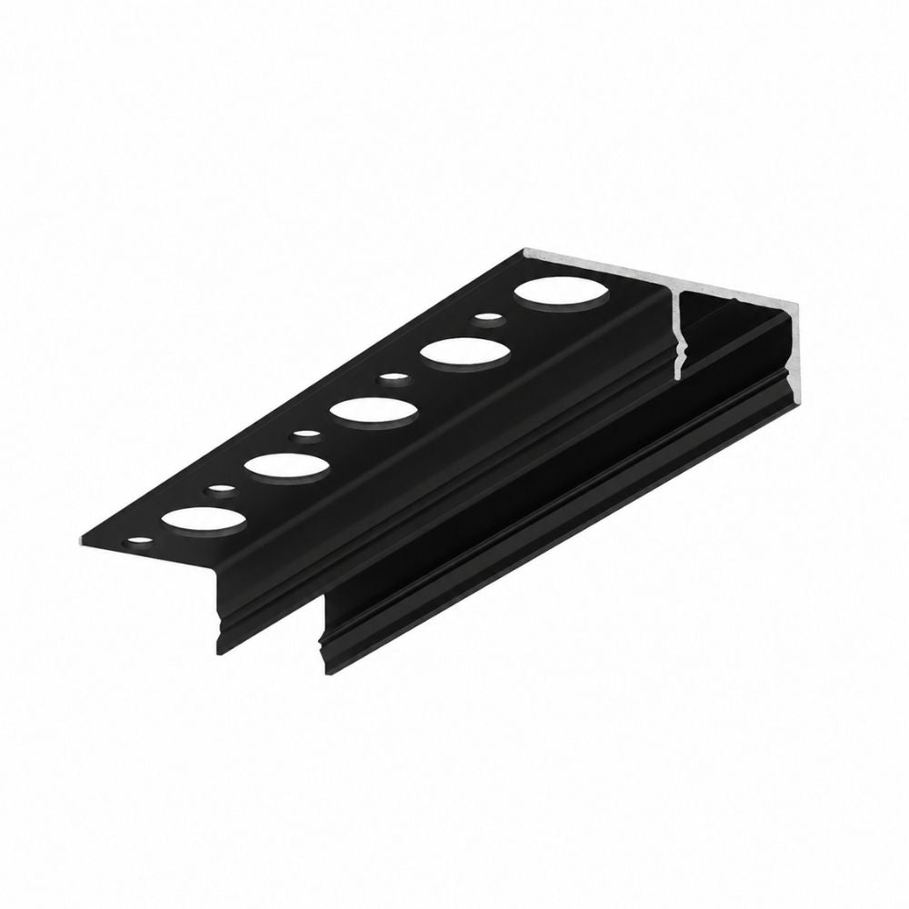 Uni-Tile12 180Deg Tile Edge LED Strip Light Channel – a black L-shaped metal trim featuring circular holes along the flat surface, engineered for construction or tile edging applications. This versatile solution is ideal for integrating LED strip lighting at tile edges and perfectly complements modern accent or recessed lighting projects. Product isolated on a white background.
